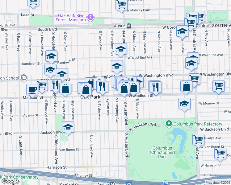 map of restaurants, bars, coffee shops, grocery stores, and more near 15 Madison Street in Oak Park