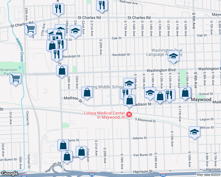 map of restaurants, bars, coffee shops, grocery stores, and more near 806 South 19th Avenue in Maywood