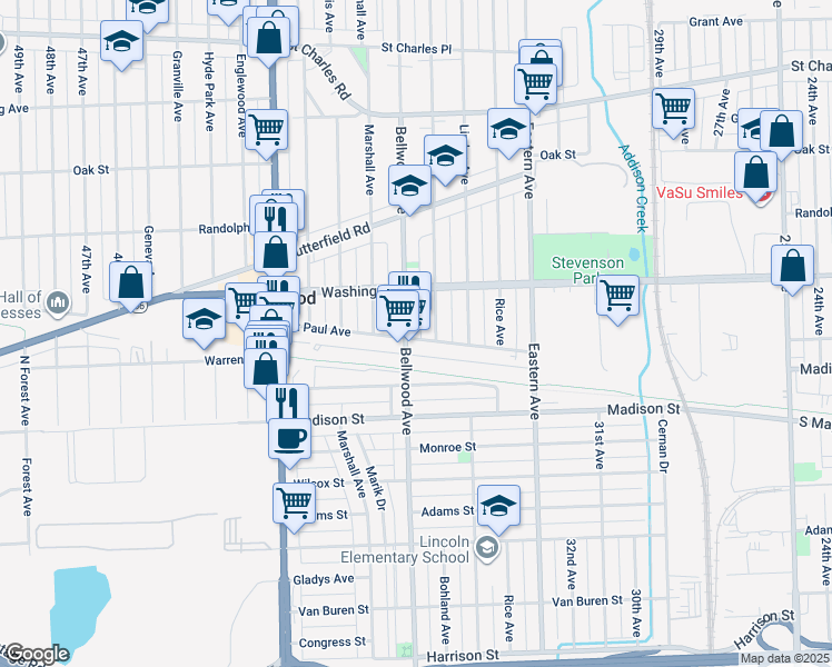 map of restaurants, bars, coffee shops, grocery stores, and more near 3606 Saint Paul Avenue in Bellwood