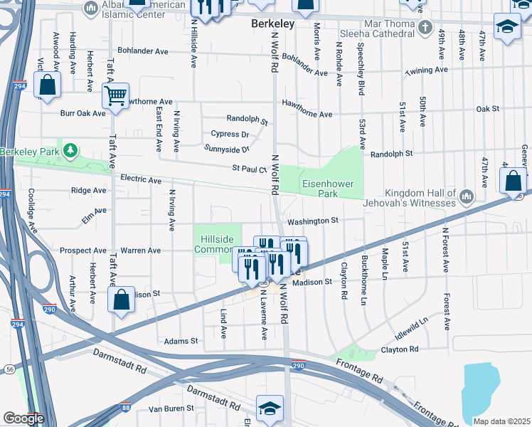 map of restaurants, bars, coffee shops, grocery stores, and more near 4850 Washington Street in Hillside