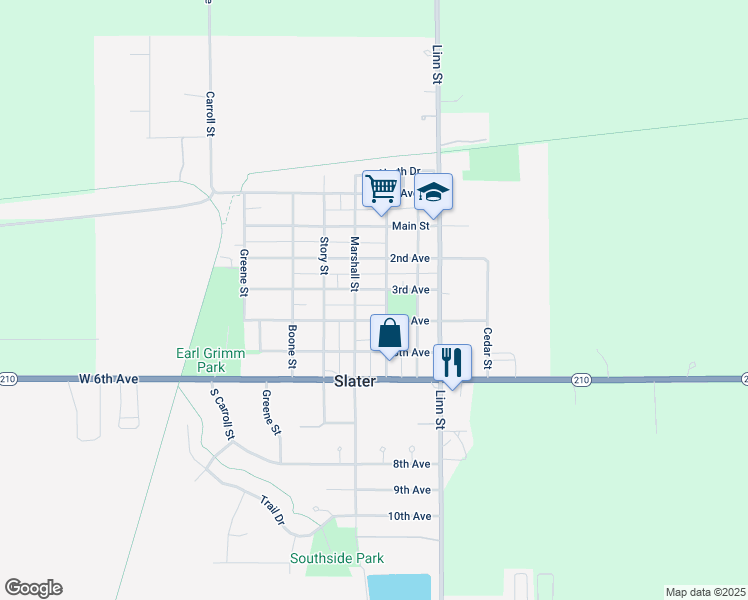 map of restaurants, bars, coffee shops, grocery stores, and more near 400 Marshall Street in Slater