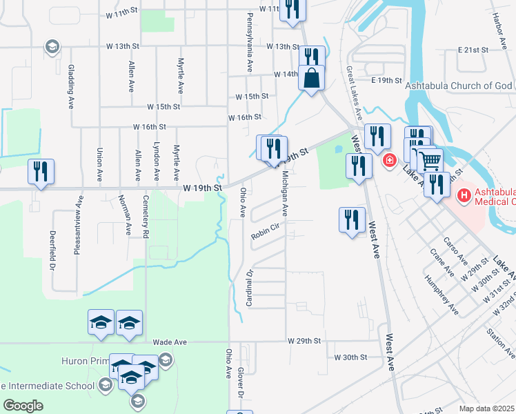 map of restaurants, bars, coffee shops, grocery stores, and more near 1739 Blue Jay Cir in Ashtabula