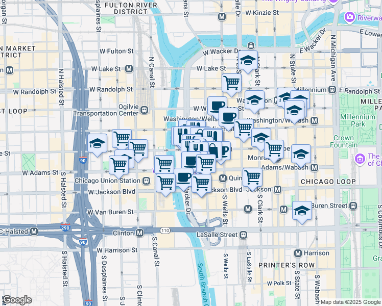 map of restaurants, bars, coffee shops, grocery stores, and more near 101 South Wacker Drive in Chicago