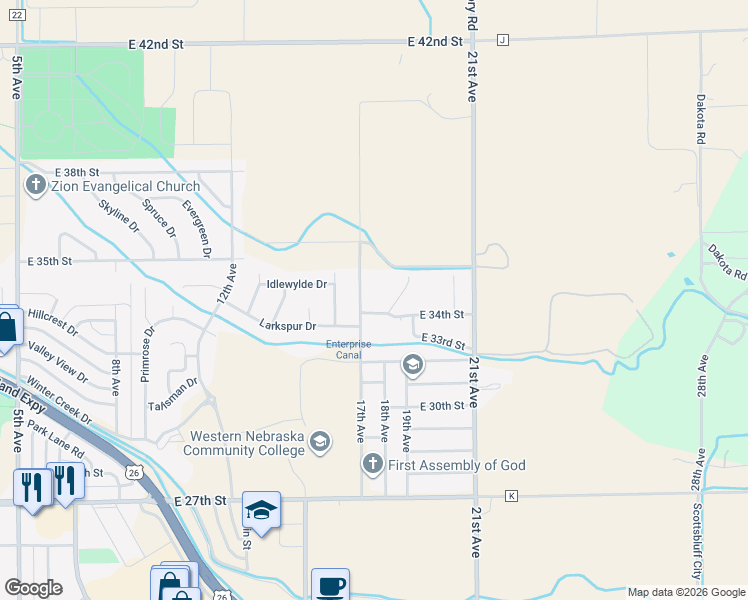 map of restaurants, bars, coffee shops, grocery stores, and more near 1701 East 34th Street in Scottsbluff