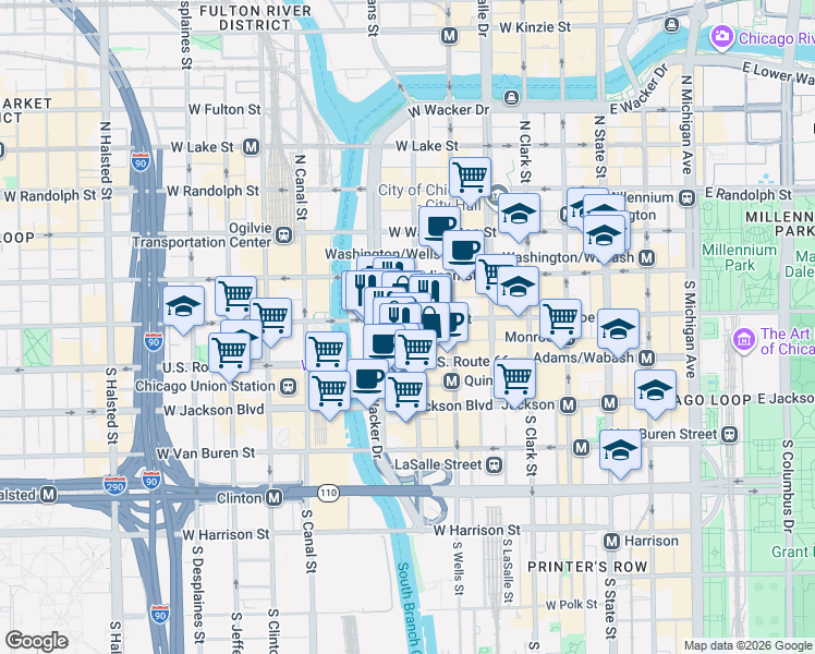 map of restaurants, bars, coffee shops, grocery stores, and more near 307 West Monroe Street in Chicago