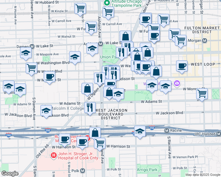 map of restaurants, bars, coffee shops, grocery stores, and more near 105 South Ashland Avenue in Chicago