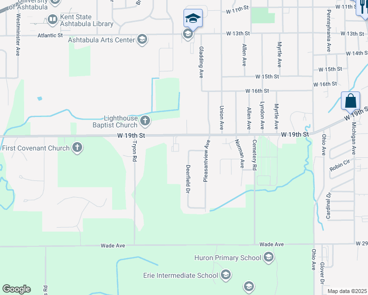 map of restaurants, bars, coffee shops, grocery stores, and more near 2720 West 19th Street in Ashtabula