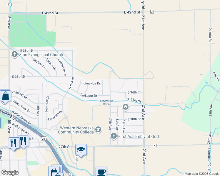 map of restaurants, bars, coffee shops, grocery stores, and more near 1701-1985 East 34th Street in Scottsbluff