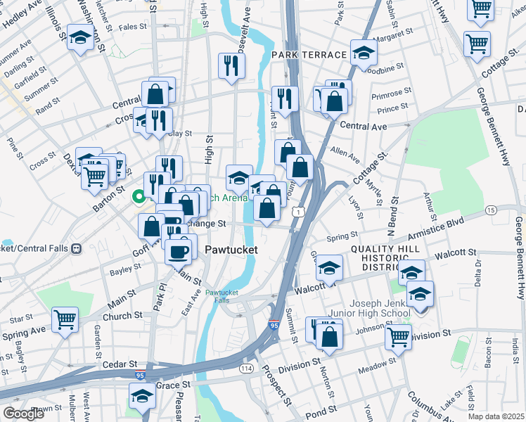 map of restaurants, bars, coffee shops, grocery stores, and more near 150 Exchange Street in Pawtucket
