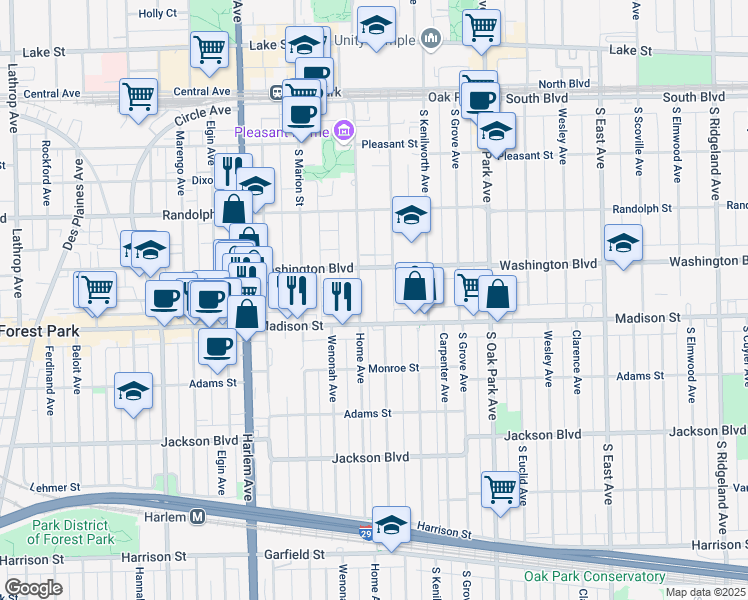 map of restaurants, bars, coffee shops, grocery stores, and more near 958 Madison Street in Oak Park