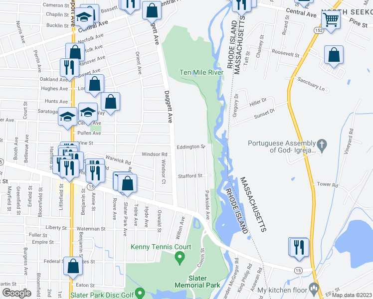 map of restaurants, bars, coffee shops, grocery stores, and more near 185 Ballston Avenue in Pawtucket