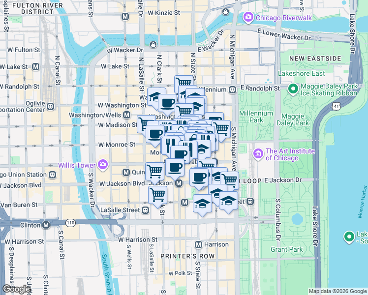 map of restaurants, bars, coffee shops, grocery stores, and more near 33 West Monroe Street in Chicago