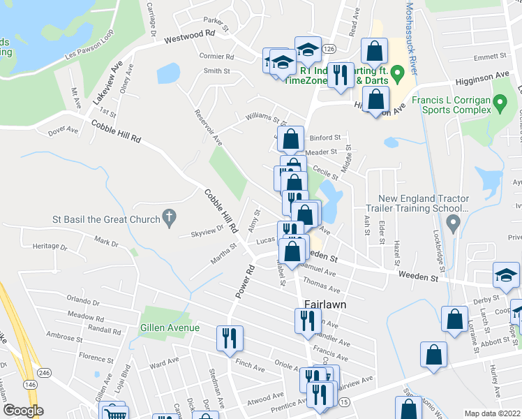 map of restaurants, bars, coffee shops, grocery stores, and more near 27 Almy Street in Lincoln