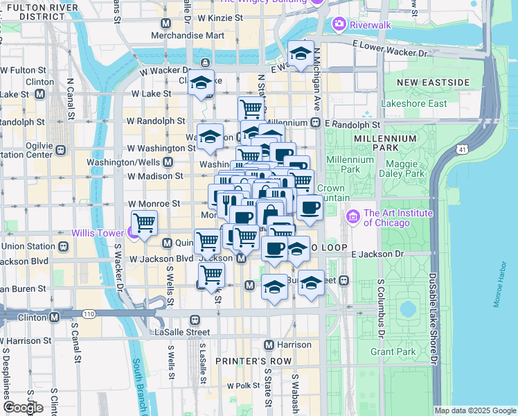 map of restaurants, bars, coffee shops, grocery stores, and more near 16 West Adams Street in Chicago
