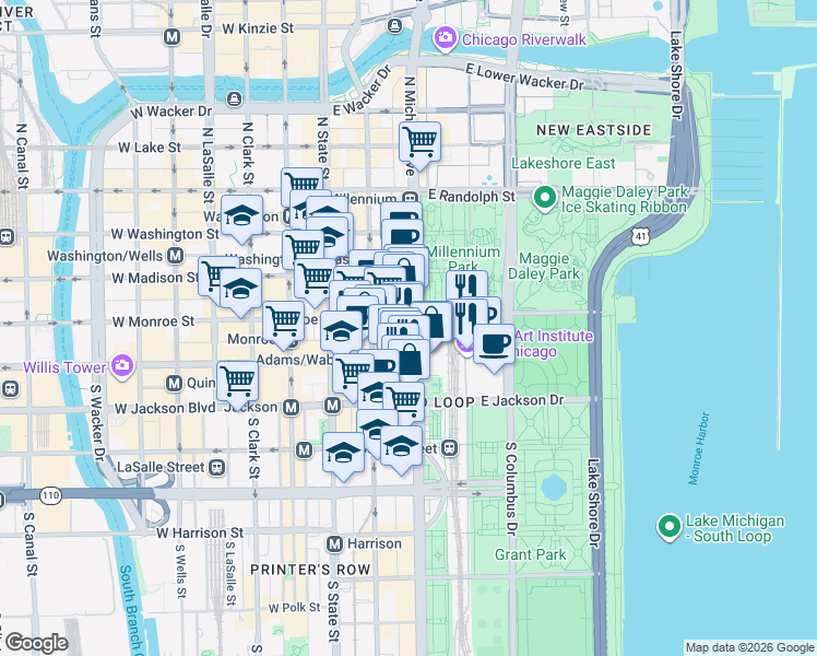 map of restaurants, bars, coffee shops, grocery stores, and more near 110 South Michigan Avenue in Chicago