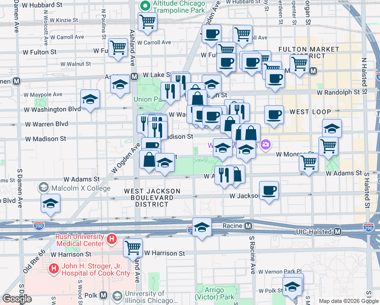 map of restaurants, bars, coffee shops, grocery stores, and more near Unnamed Road in Chicago