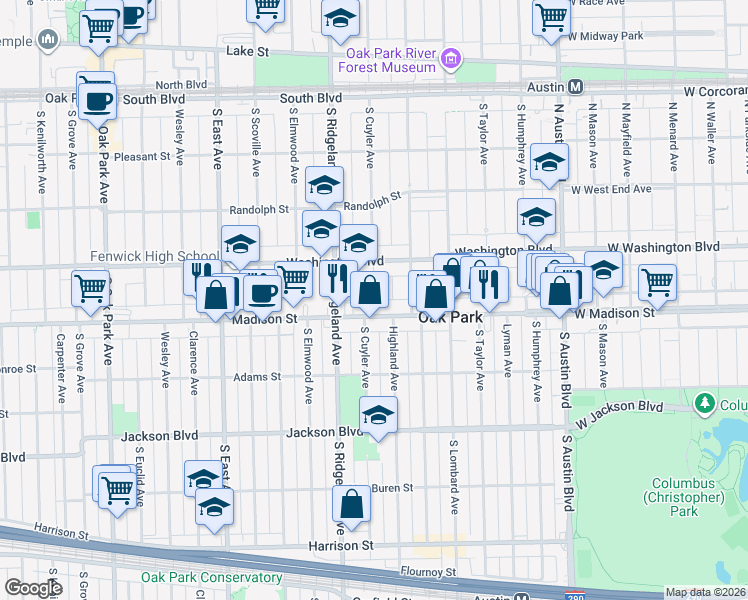 map of restaurants, bars, coffee shops, grocery stores, and more near 402 South Cuyler Avenue in Oak Park