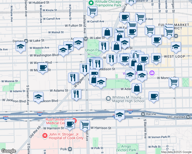 map of restaurants, bars, coffee shops, grocery stores, and more near 104 South Laflin Street in Chicago