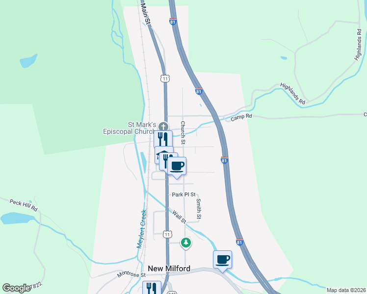 map of restaurants, bars, coffee shops, grocery stores, and more near 130 Church Street in New Milford