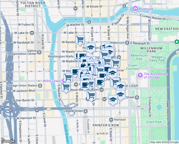 map of restaurants, bars, coffee shops, grocery stores, and more near 1117 West Monroe Street in Chicago