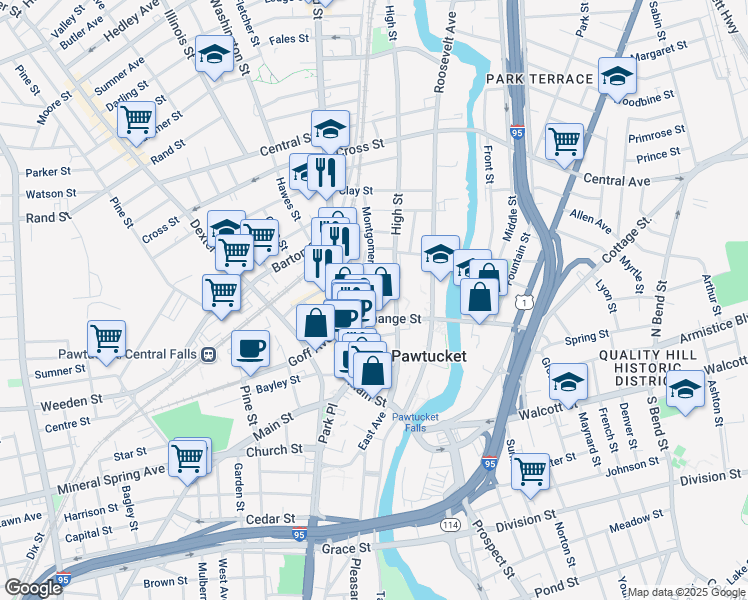 map of restaurants, bars, coffee shops, grocery stores, and more near 50 Exchange Street in Pawtucket