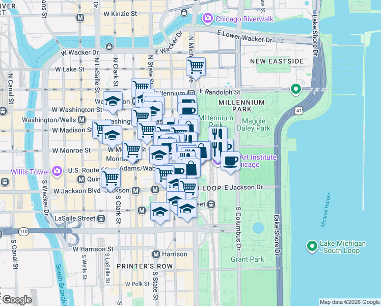 map of restaurants, bars, coffee shops, grocery stores, and more near 159 East Monroe Street in Chicago