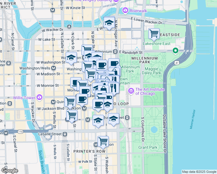 map of restaurants, bars, coffee shops, grocery stores, and more near 135 South Wabash Avenue in Chicago