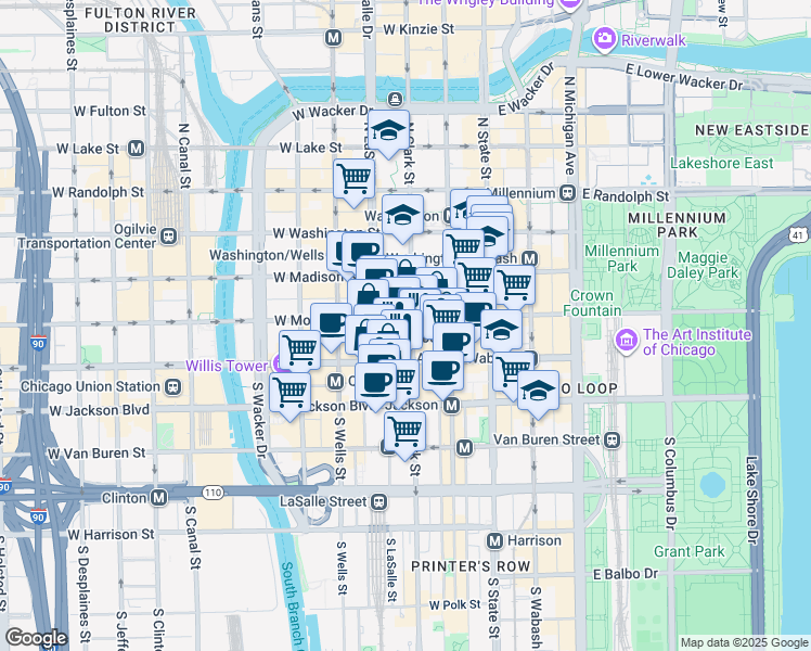 map of restaurants, bars, coffee shops, grocery stores, and more near 135 South LaSalle Street in Chicago
