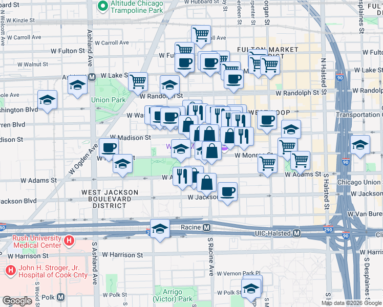 map of restaurants, bars, coffee shops, grocery stores, and more near 1233 West Monroe Street in Chicago