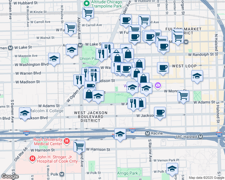 map of restaurants, bars, coffee shops, grocery stores, and more near 1425 West Monroe Street in Chicago