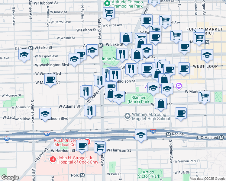 map of restaurants, bars, coffee shops, grocery stores, and more near 104 South Laflin Street in Chicago
