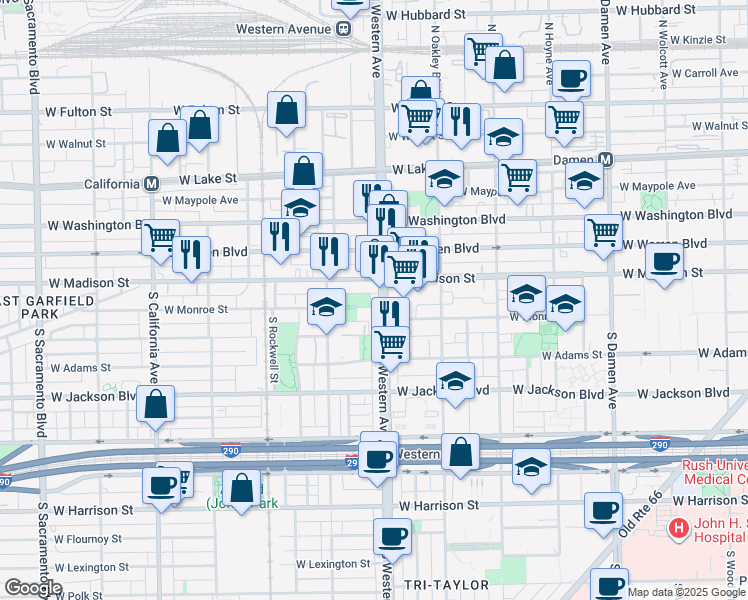 map of restaurants, bars, coffee shops, grocery stores, and more near 96 South Western Avenue in Chicago