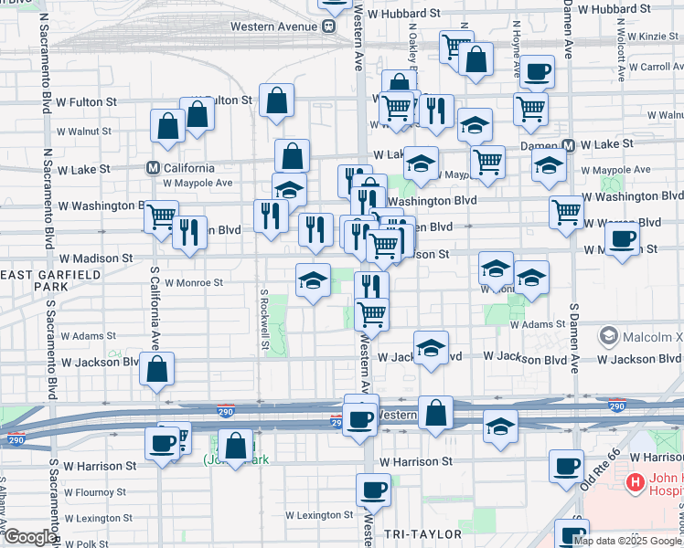 map of restaurants, bars, coffee shops, grocery stores, and more near 96 South Western Avenue in Chicago