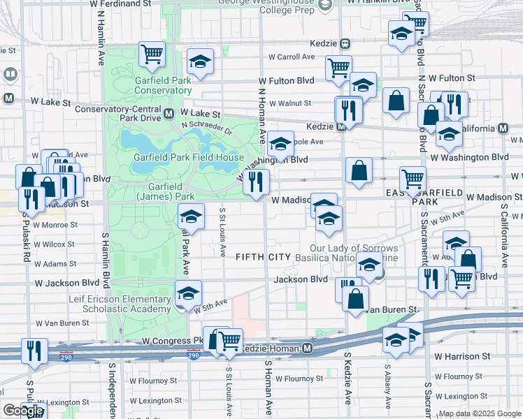 map of restaurants, bars, coffee shops, grocery stores, and more near 3404 West Monroe Street in Chicago