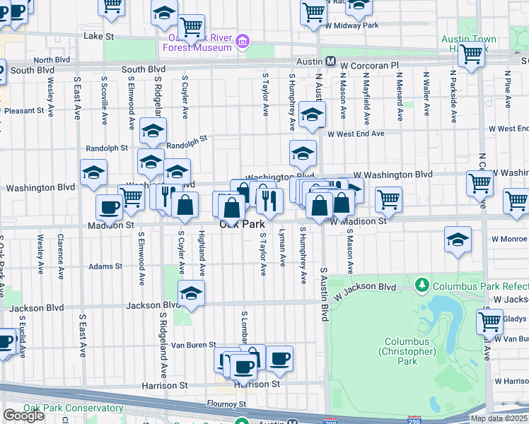 map of restaurants, bars, coffee shops, grocery stores, and more near in Oak Park