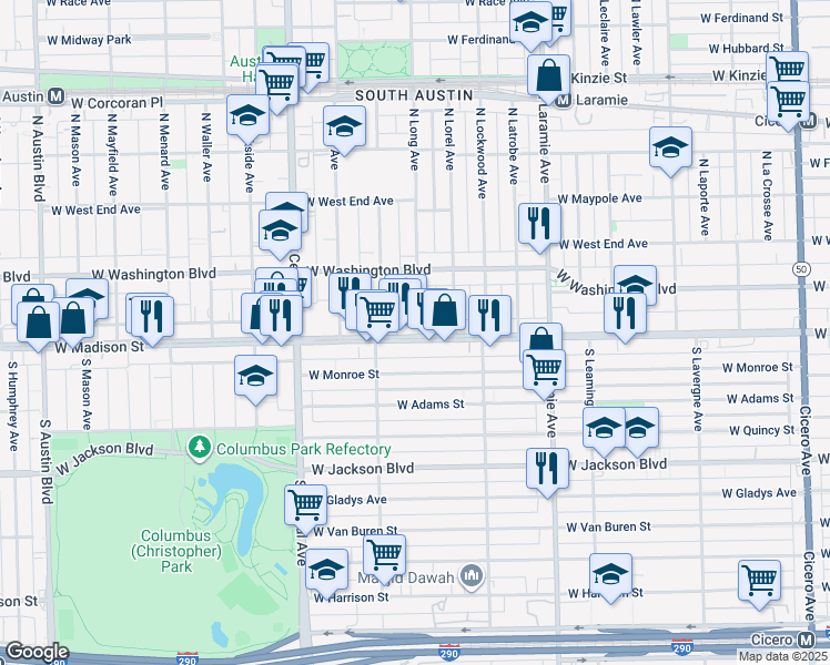 map of restaurants, bars, coffee shops, grocery stores, and more near 5400 West Madison Street in Chicago