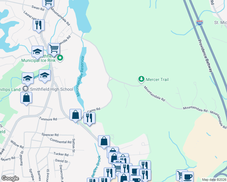 map of restaurants, bars, coffee shops, grocery stores, and more near 31 Walter Cary Road in Smithfield