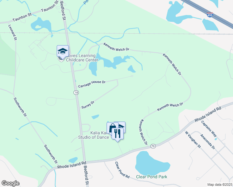 map of restaurants, bars, coffee shops, grocery stores, and more near 18 Surrey Drive in Lakeville