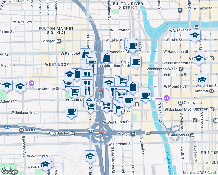 map of restaurants, bars, coffee shops, grocery stores, and more near 706 West Monroe Street in Chicago