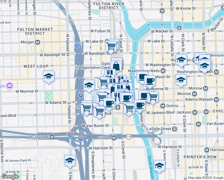 map of restaurants, bars, coffee shops, grocery stores, and more near in Chicago