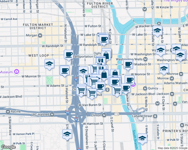 map of restaurants, bars, coffee shops, grocery stores, and more near W Monroe St & S Jefferson St in Chicago