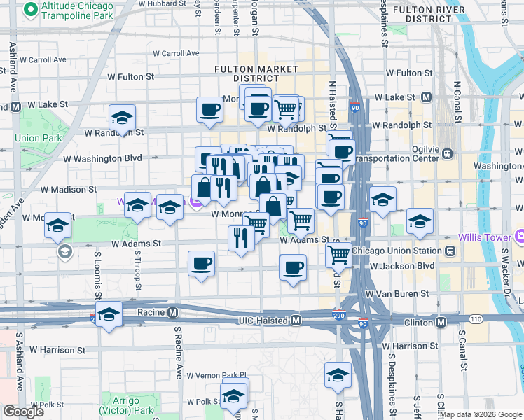 map of restaurants, bars, coffee shops, grocery stores, and more near 27 South Morgan Street in Chicago