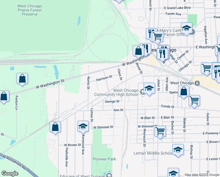 map of restaurants, bars, coffee shops, grocery stores, and more near 304 Sherman Street in West Chicago