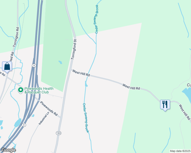 map of restaurants, bars, coffee shops, grocery stores, and more near West Hill Road in Torrington