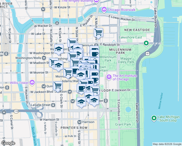 map of restaurants, bars, coffee shops, grocery stores, and more near 55 East Monroe Street in Chicago