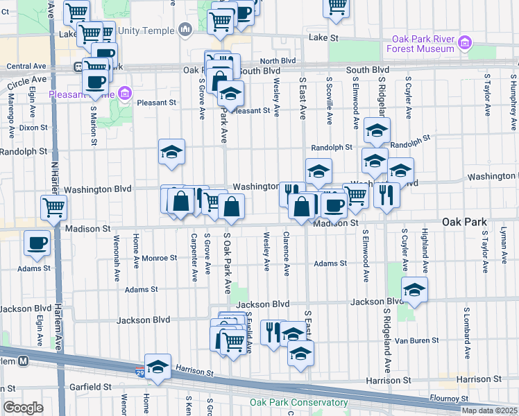 map of restaurants, bars, coffee shops, grocery stores, and more near 656 Madison Street in Oak Park