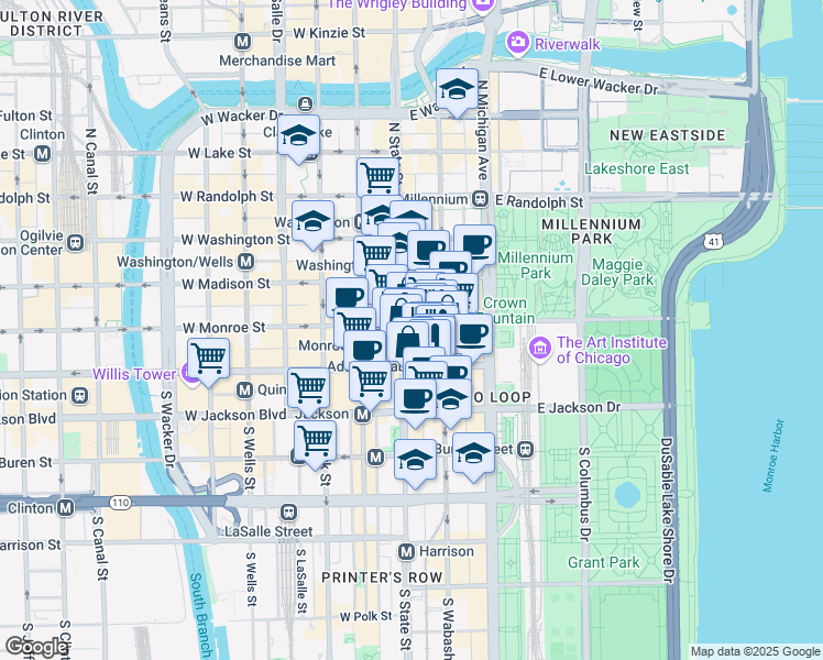 map of restaurants, bars, coffee shops, grocery stores, and more near 111 S South State Street in Chicago