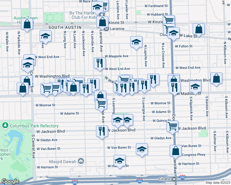 map of restaurants, bars, coffee shops, grocery stores, and more near 5107 West Madison Street in Chicago