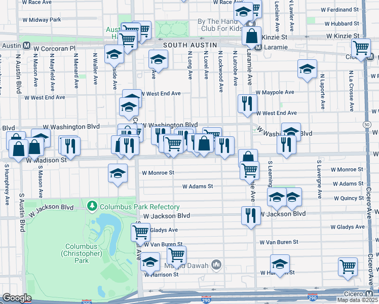 map of restaurants, bars, coffee shops, grocery stores, and more near 5405 West Madison Street in Chicago