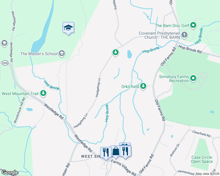 map of restaurants, bars, coffee shops, grocery stores, and more near 87 Hedgehog Lane in Simsbury